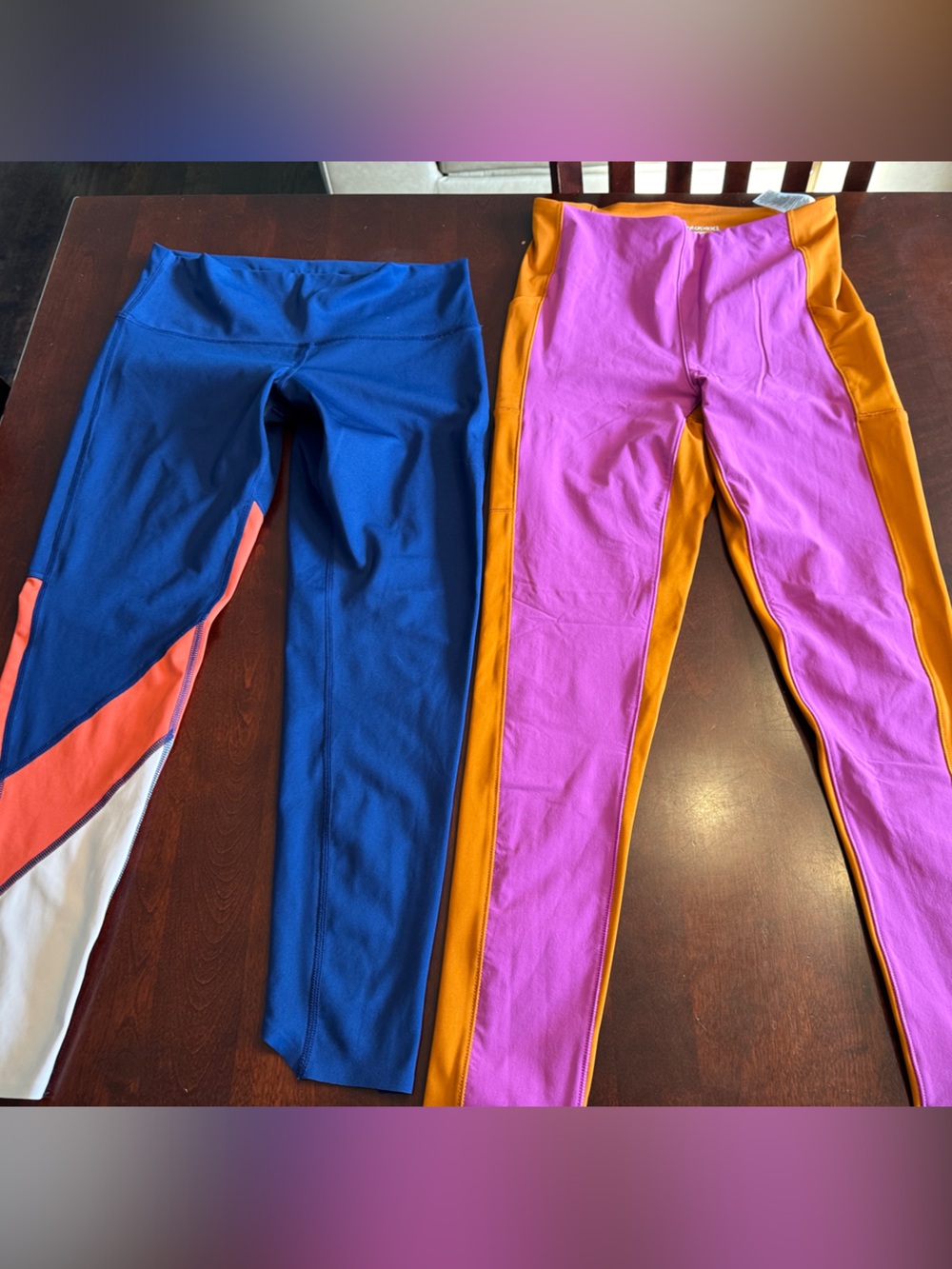 Lot of two- Women’s Colorblock Active Leggings - Blue/Coral and Pink/Gold